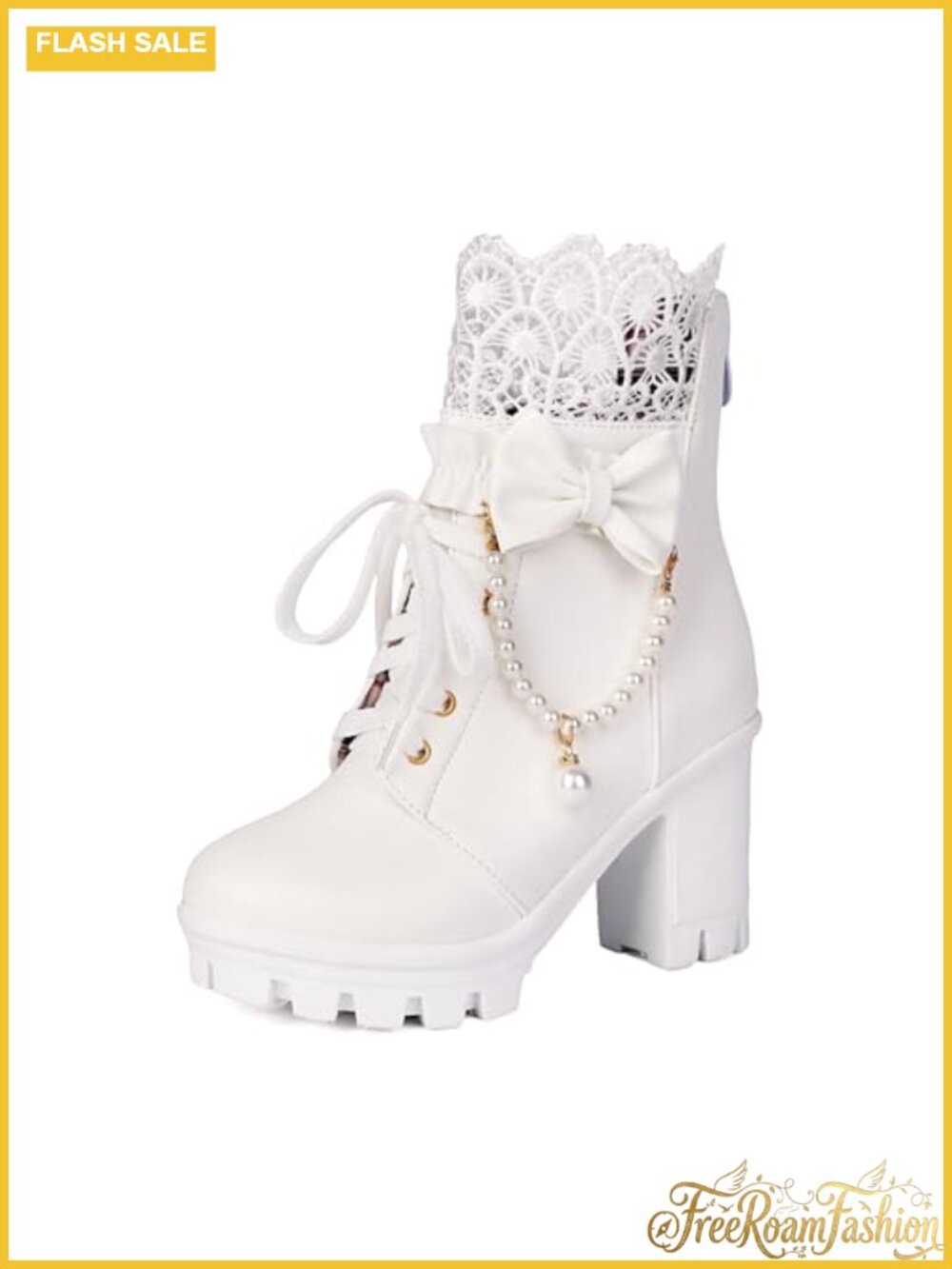 Platform Ankle Boots Lace Pearl Goth Faux Leather Block Heel